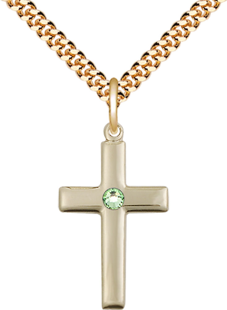14kt Gold Filled Cross Pendant with a 3mm Peridot Swarovski stone on a 24 inch Gold Plate Heavy Curb chain