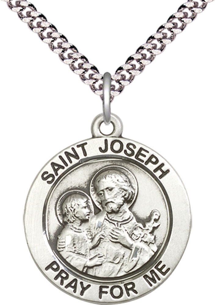 Sterling Silver Saint Joseph Pendant on a 24 inch Light Rhodium Heavy Curb chain