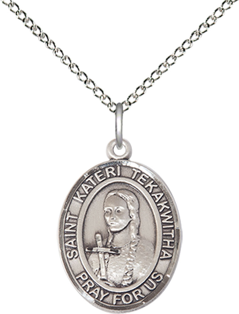 Sterling Silver Saint Kateri Tekakwitha Pendant on a 18 inch Sterling Silver Light Curb chain