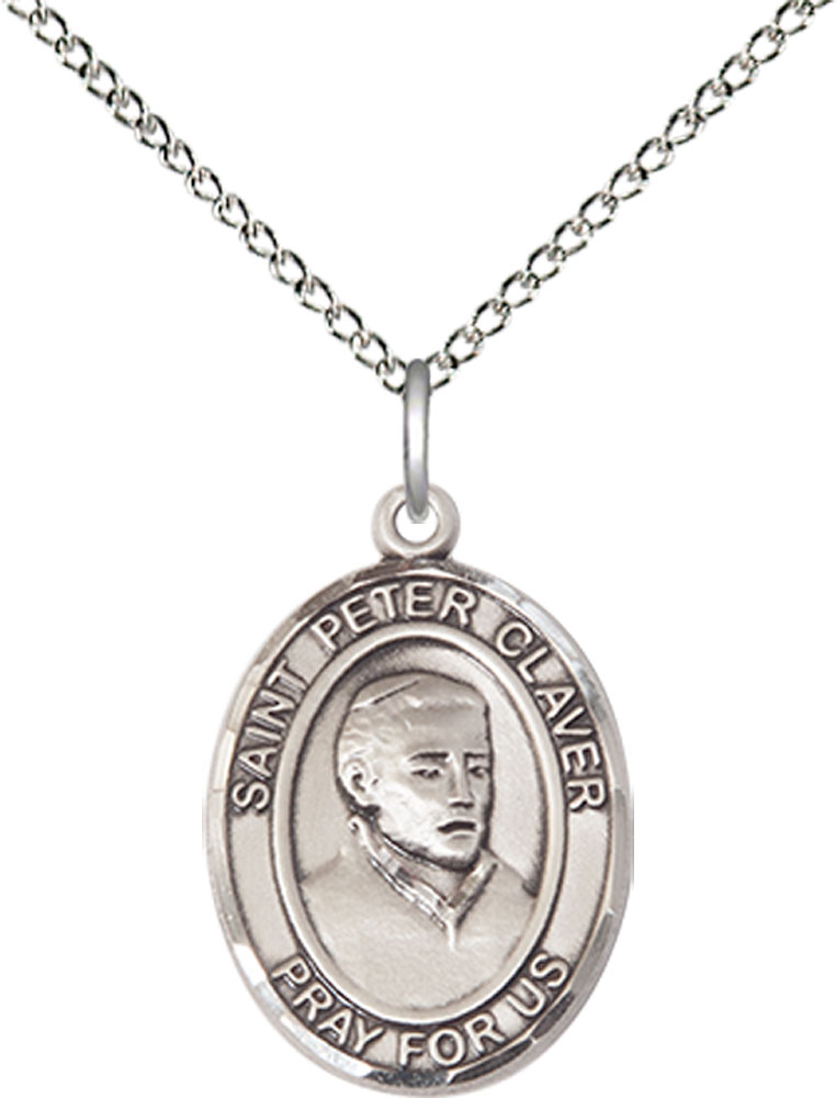 Sterling Silver Saint Peter Claver Pendant on a 18 inch Sterling Silver Light Curb chain