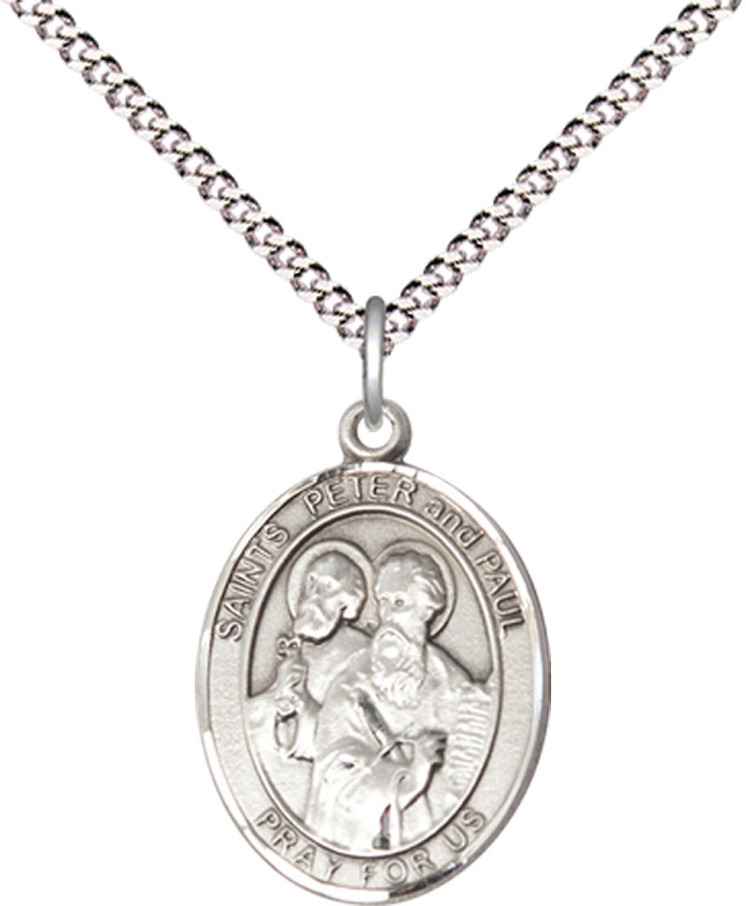 Sterling Silver Saint Peter St Paul Pendant on a 18 inch Light Rhodium Light Curb chain