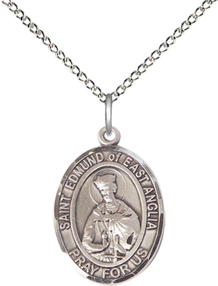 Sterling Silver Saint Edmund of East Anglia Pendant on a 18 inch Sterling Silver Light Curb chain