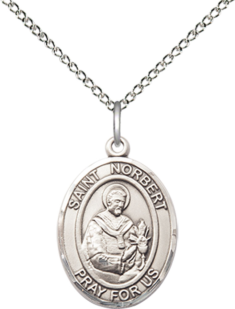 Sterling Silver Saint Norbert of Xanten Pendant on a 18 inch Sterling Silver Light Curb chain