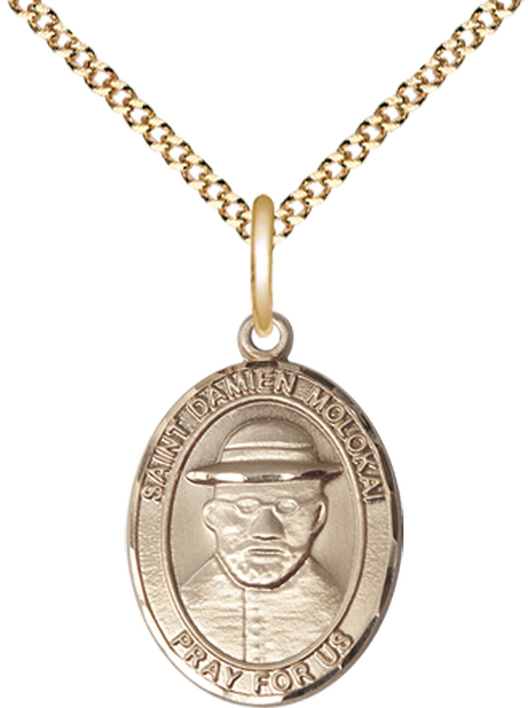 14kt Gold Filled Saint Damien of Molokai Pendant on a 18 inch Gold Plate Light Curb chain