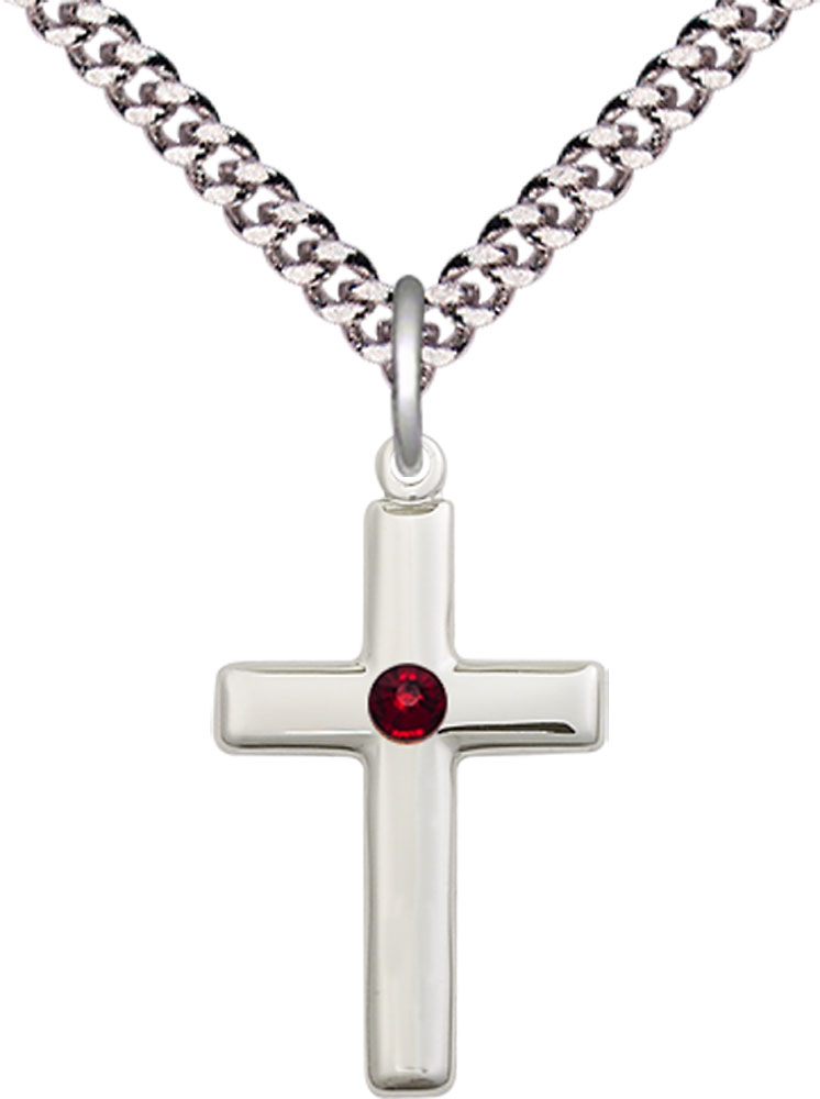 Sterling Silver Cross Pendant with a 3mm Garnet Swarovski stone on a 24 inch Light Rhodium Heavy Curb chain