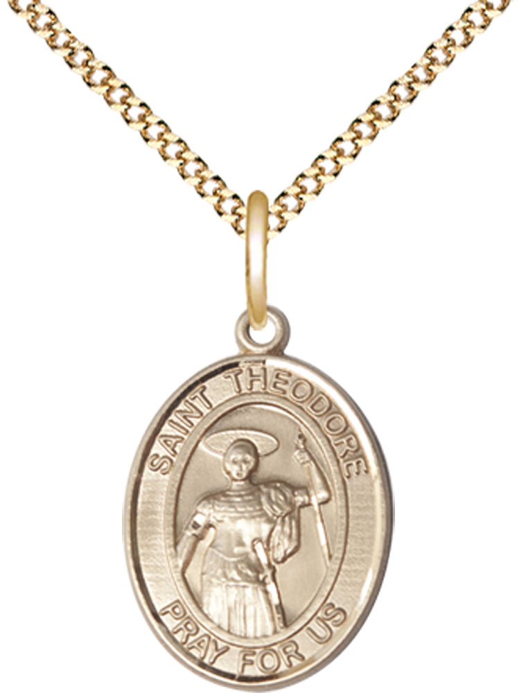 14kt Gold Filled Saint Theodore Stratelates Pendant on a 18 inch Gold Plate Light Curb chain