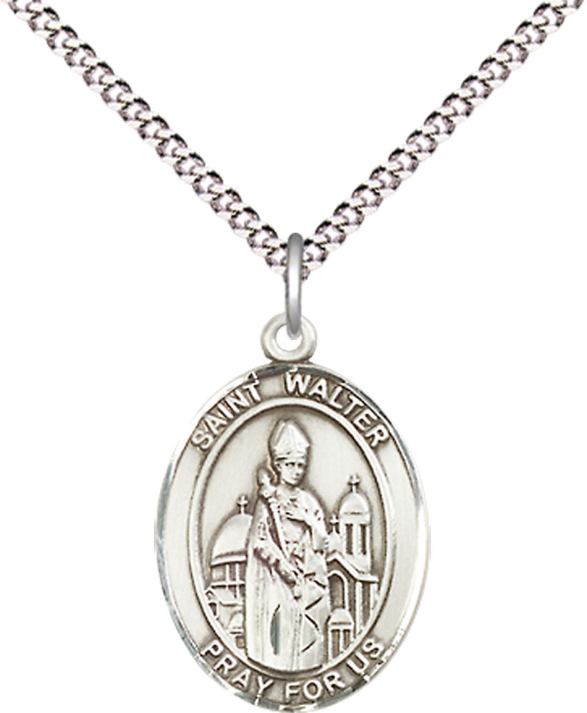 Sterling Silver Saint Walter of Pontnoise Pendant on a 18 inch Light Rhodium Light Curb chain