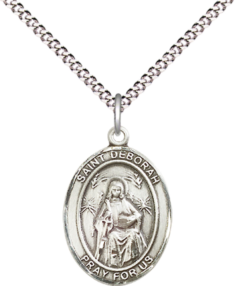 Sterling Silver Saint Deborah Pendant on a 18 inch Light Rhodium Light Curb chain