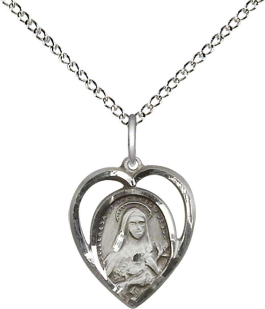 Sterling Silver Saint Theresa Pendant on a 18 inch Sterling Silver Light Curb chain