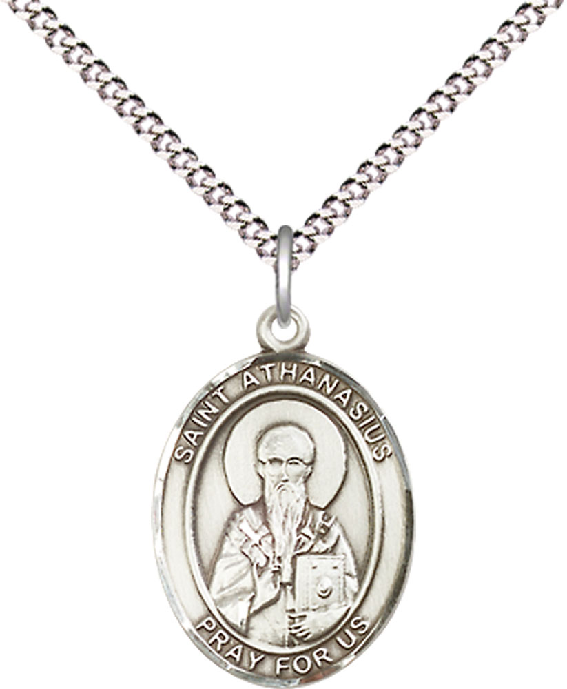 Sterling Silver Saint Athanasius Pendant on a 18 inch Light Rhodium Light Curb chain