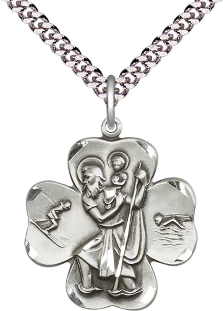 Sterling Silver Saint Christopher Pendant on a 24 inch Light Rhodium Heavy Curb chain