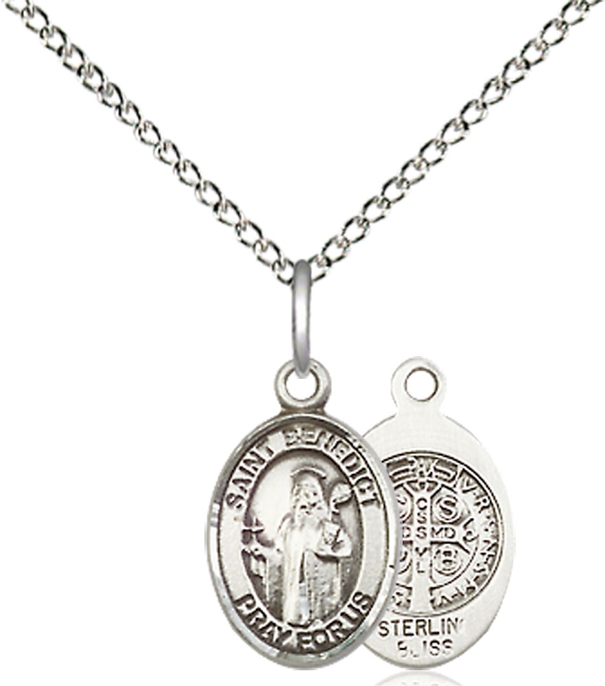 Sterling Silver Saint Benedict Pendant on a 18 inch Sterling Silver Light Curb chain