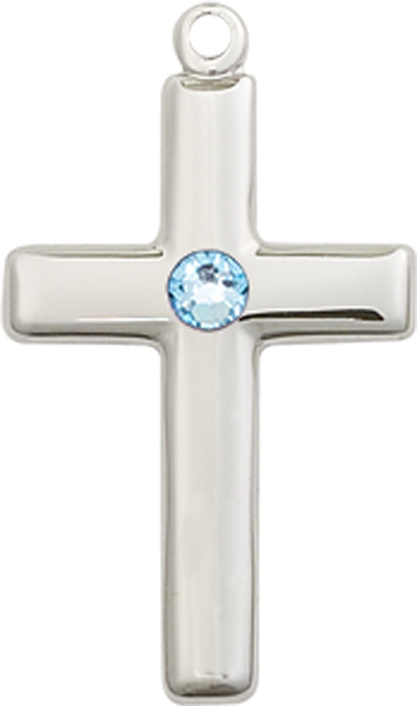 Sterling Silver Cross Medal with a 3mm Aqua Swarovski stone