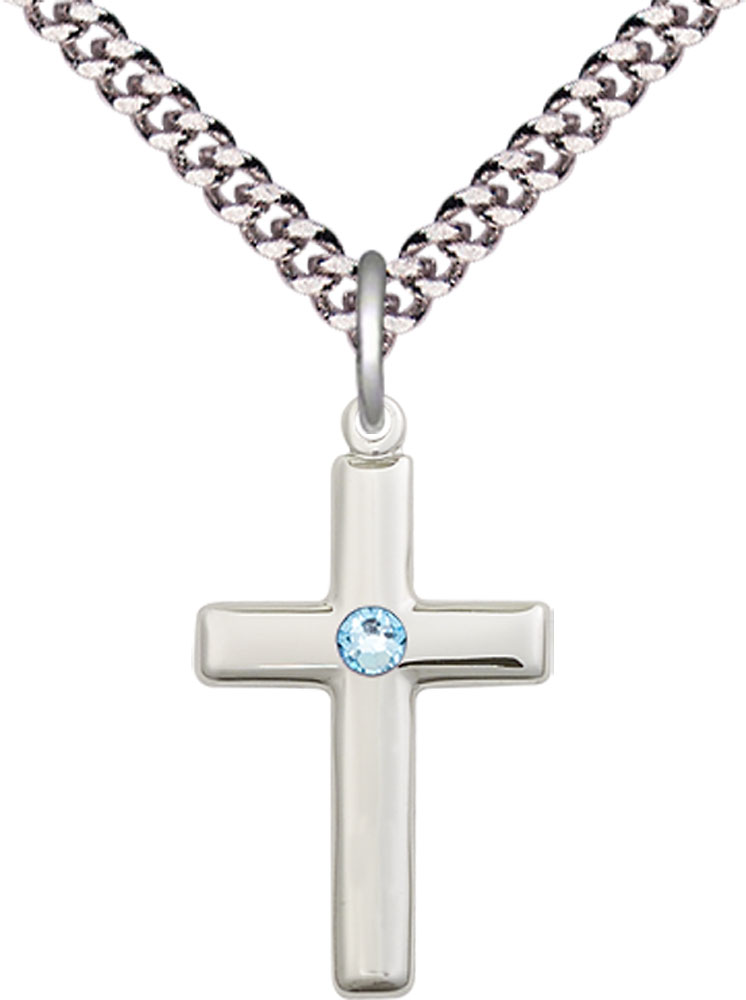 Sterling Silver Cross Pendant with a 3mm Aqua Swarovski stone on a 24 inch Light Rhodium Heavy Curb chain
