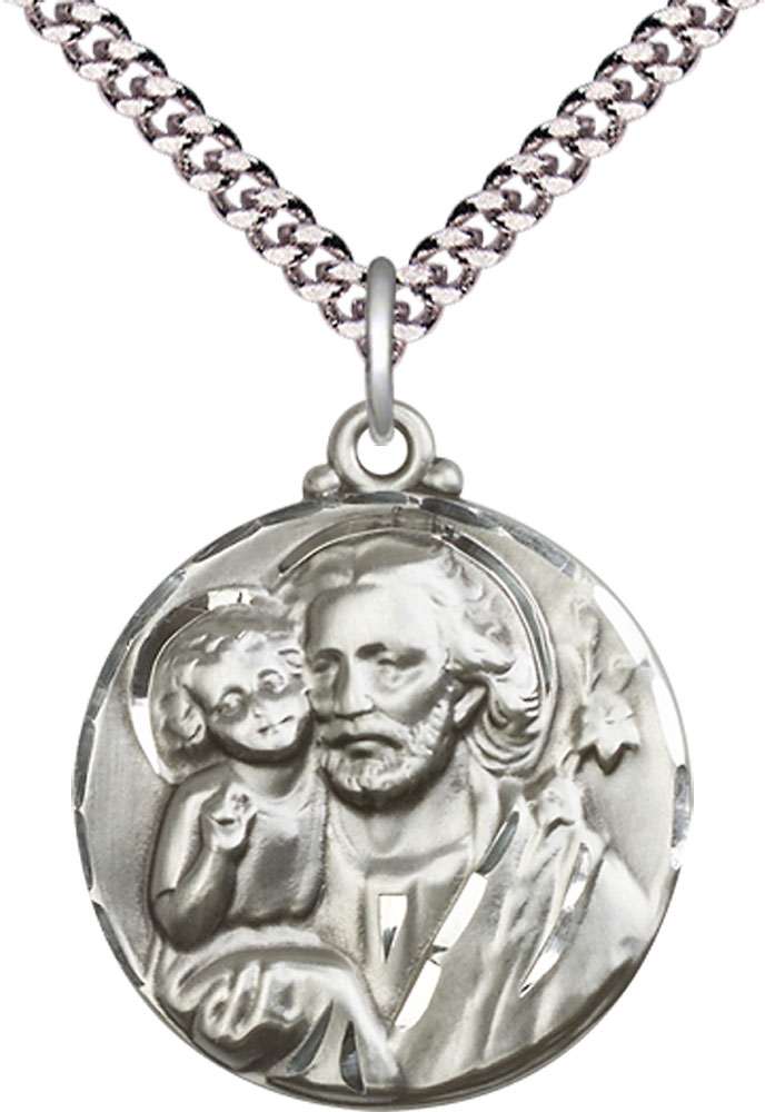 Sterling Silver Saint Joseph Pendant on a 24 inch Light Rhodium Heavy Curb chain