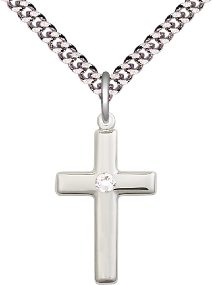 Sterling Silver Cross Pendant with a 3mm Crystal Swarovski stone on a 24 inch Light Rhodium Heavy Curb chain