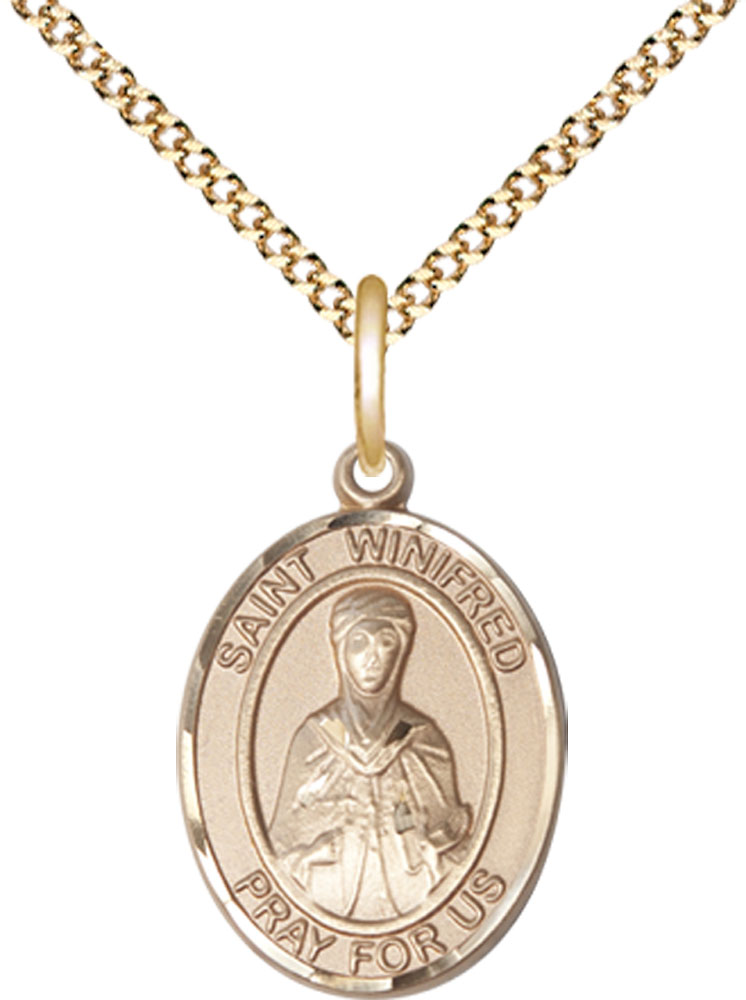 14kt Gold Filled Saint Winifred of Wales Pendant on a 18 inch Gold Plate Light Curb chain