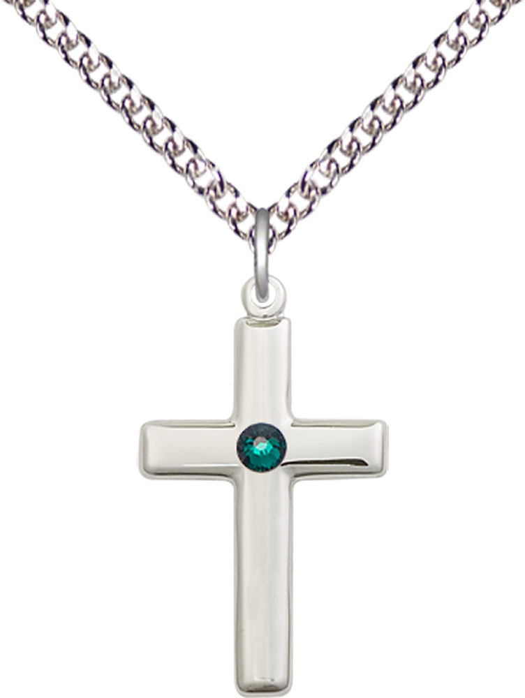 Sterling Silver Cross Pendant with a 3mm Emerald Swarovski stone on a 24 inch Sterling Silver Heavy Curb chain