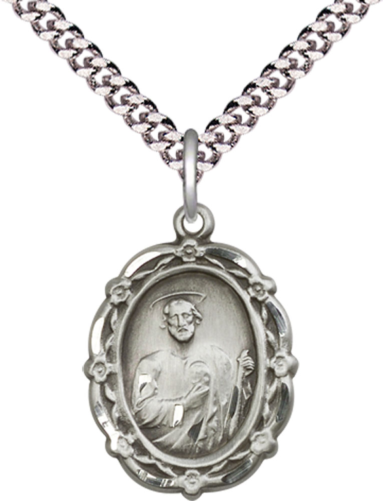 Sterling Silver Saint Jude Pendant on a 24 inch Light Rhodium Heavy Curb chain