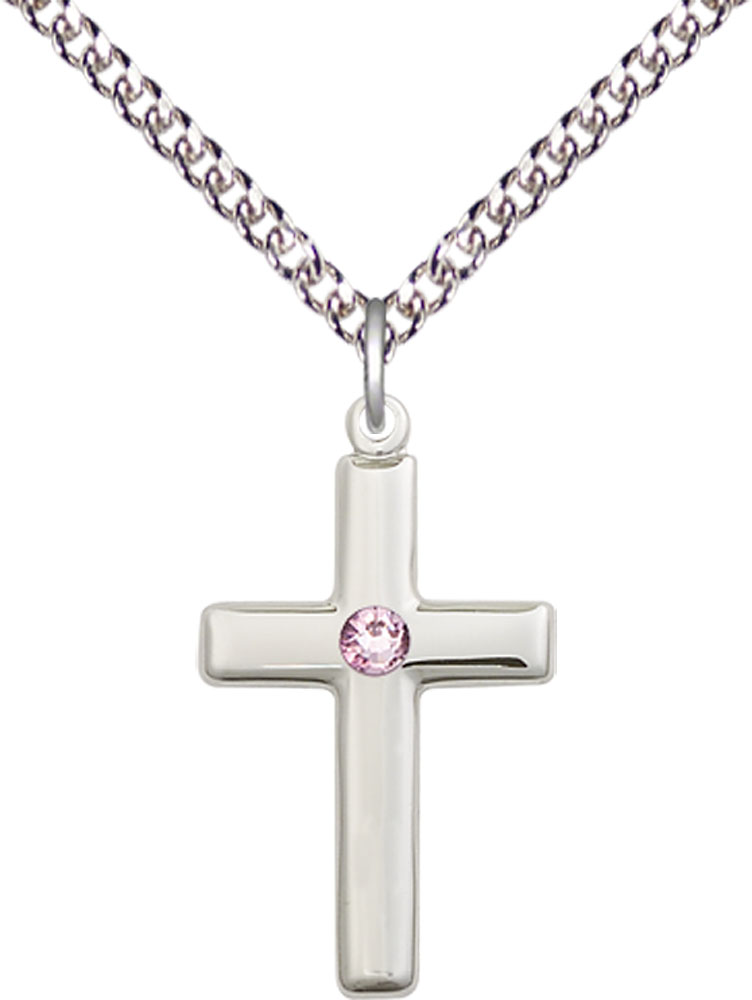 Sterling Silver Cross Pendant with a 3mm Light Amethyst Swarovski stone on a 24 inch Sterling Silver Heavy Curb chain