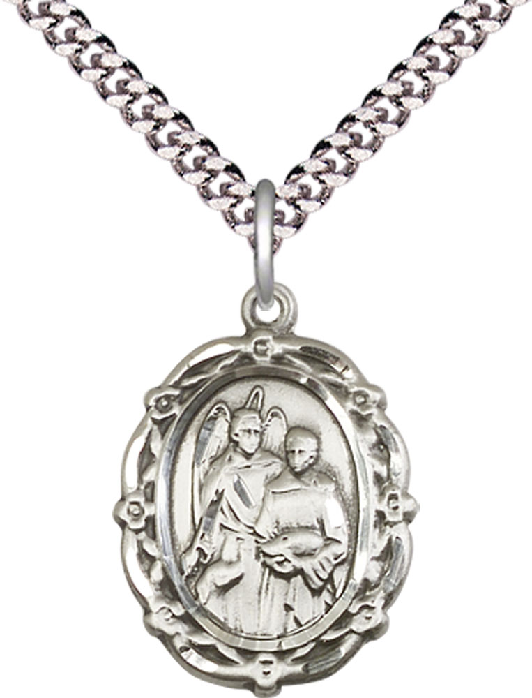 Sterling Silver Saint Raphael the Archangel Pendant on a 24 inch Light Rhodium Heavy Curb chain