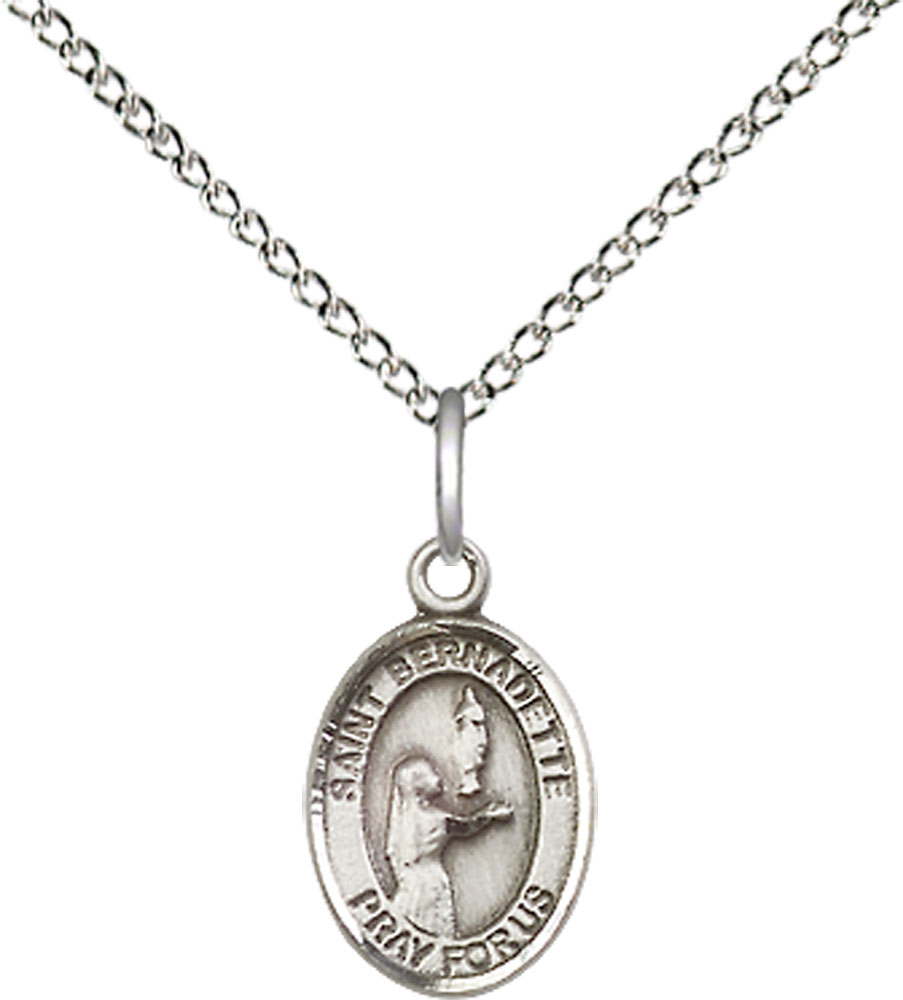 Sterling Silver Saint Bernadette Pendant on a 18 inch Sterling Silver Light Curb chain