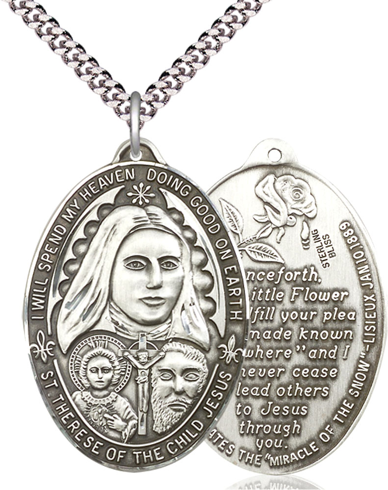 Sterling Silver Saint Therese of the Child of Jesus Pendant on a 24 inch Light Rhodium Heavy Curb chain