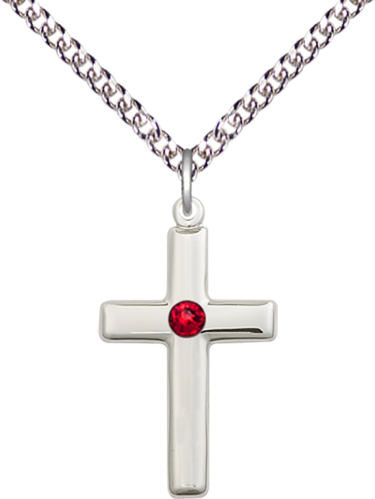 Sterling Silver Cross Pendant with a 3mm Ruby Swarovski stone on a 24 inch Sterling Silver Heavy Curb chain
