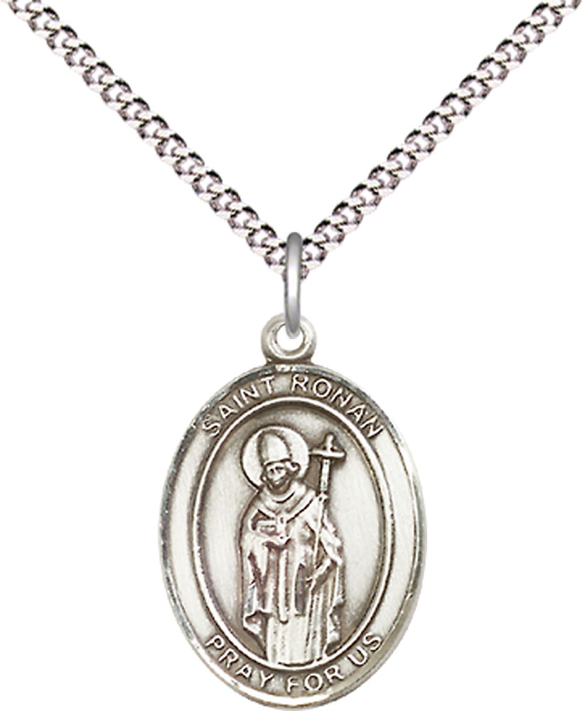 Sterling Silver Saint Ronan Pendant on a 18 inch Light Rhodium Light Curb chain
