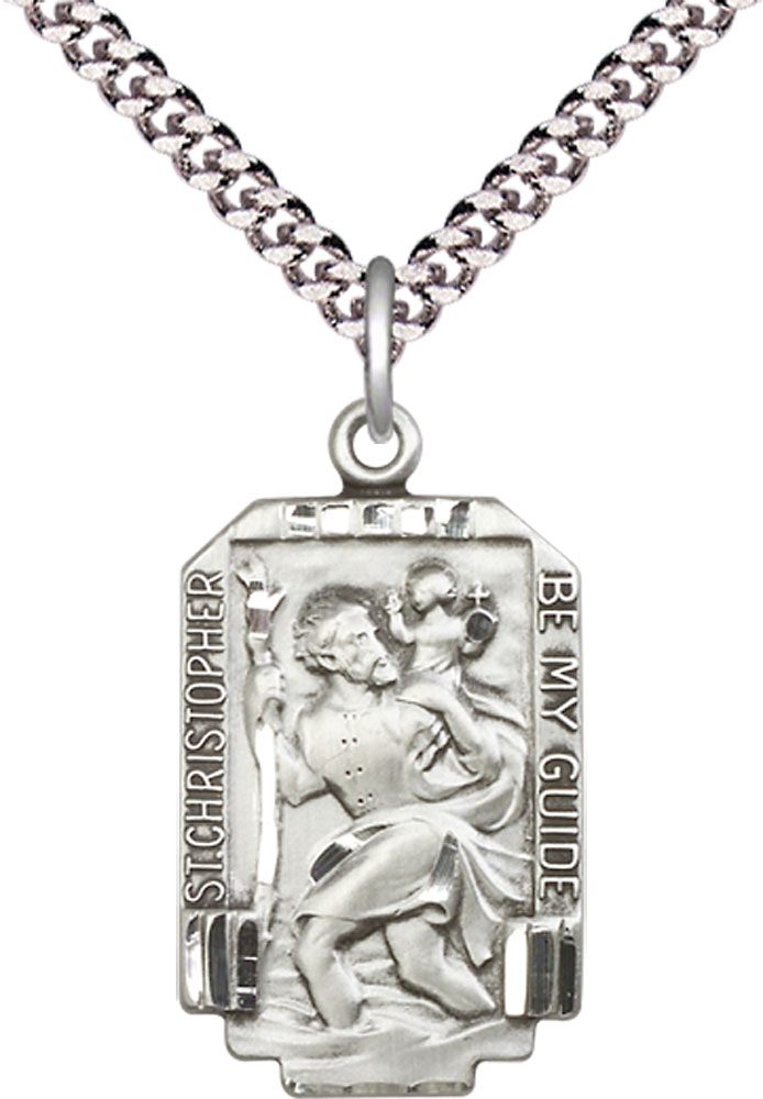 Sterling Silver Saint Christopher Pendant on a 24 inch Light Rhodium Heavy Curb chain