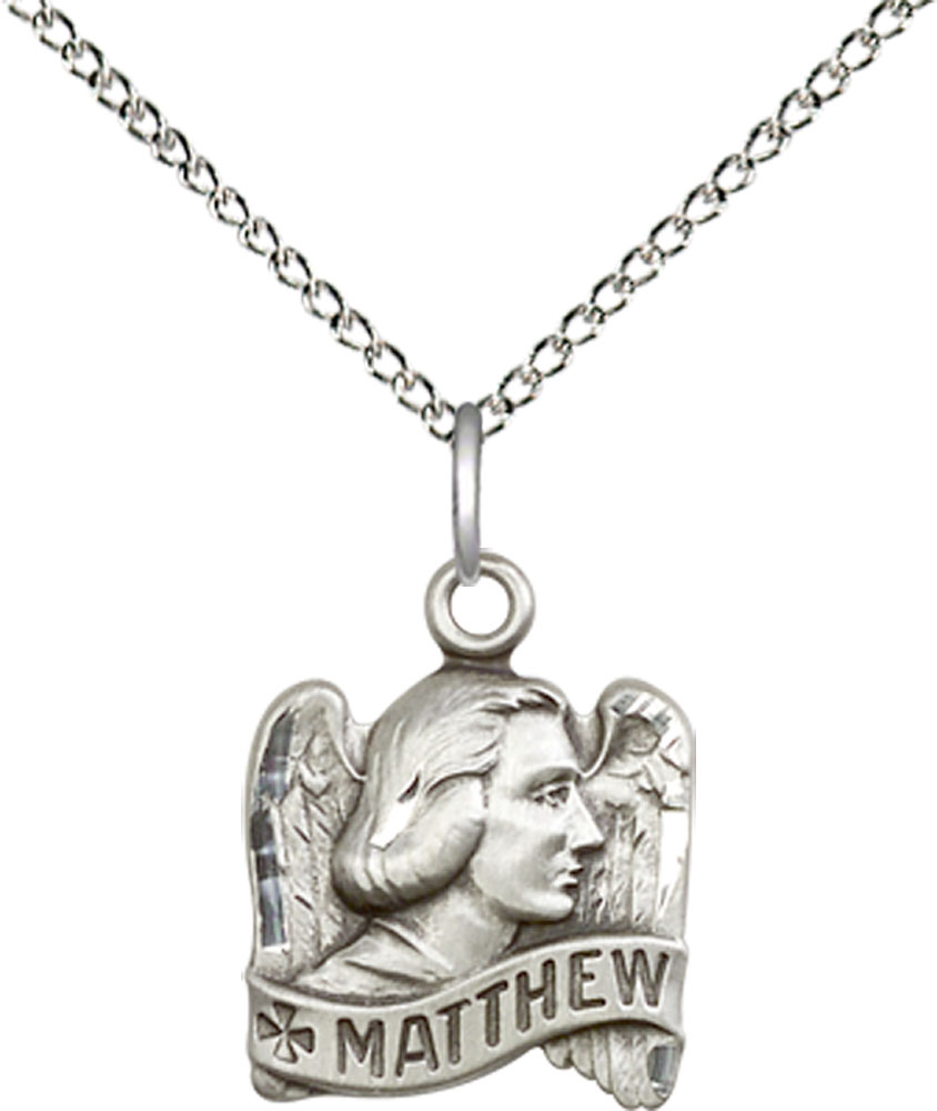 Sterling Silver Saint Matthew Pendant on a 18 inch Sterling Silver Light Curb chain