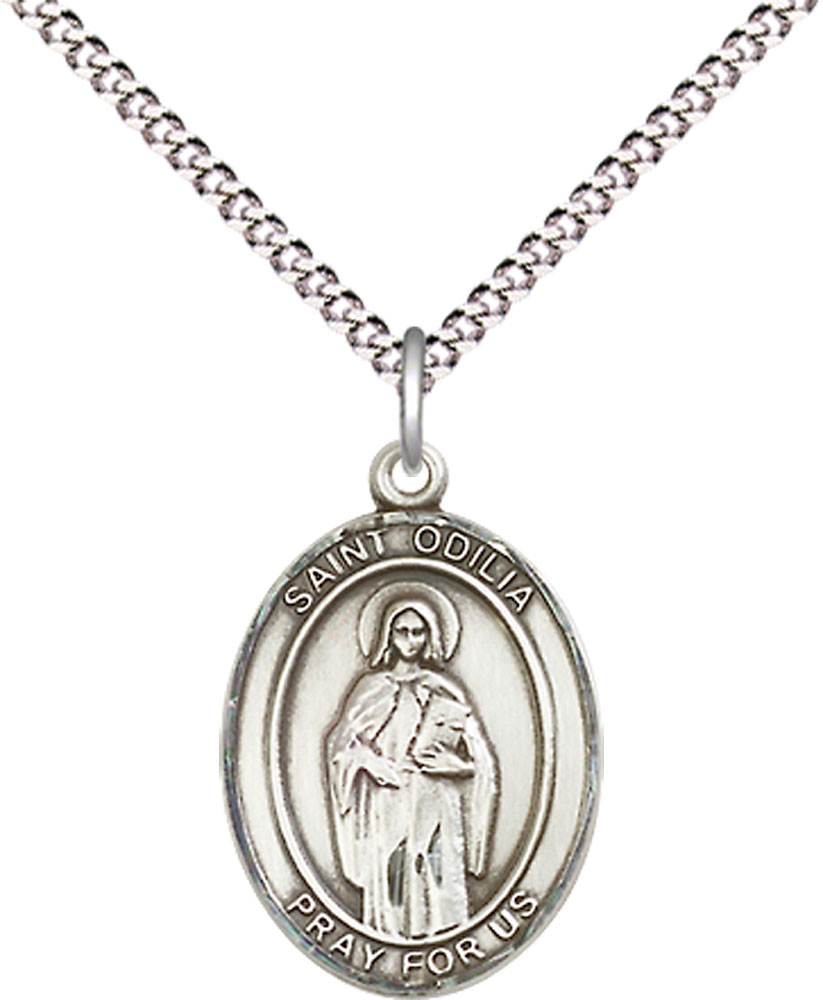Sterling Silver Saint Odilia Pendant on a 18 inch Light Rhodium Light Curb chain