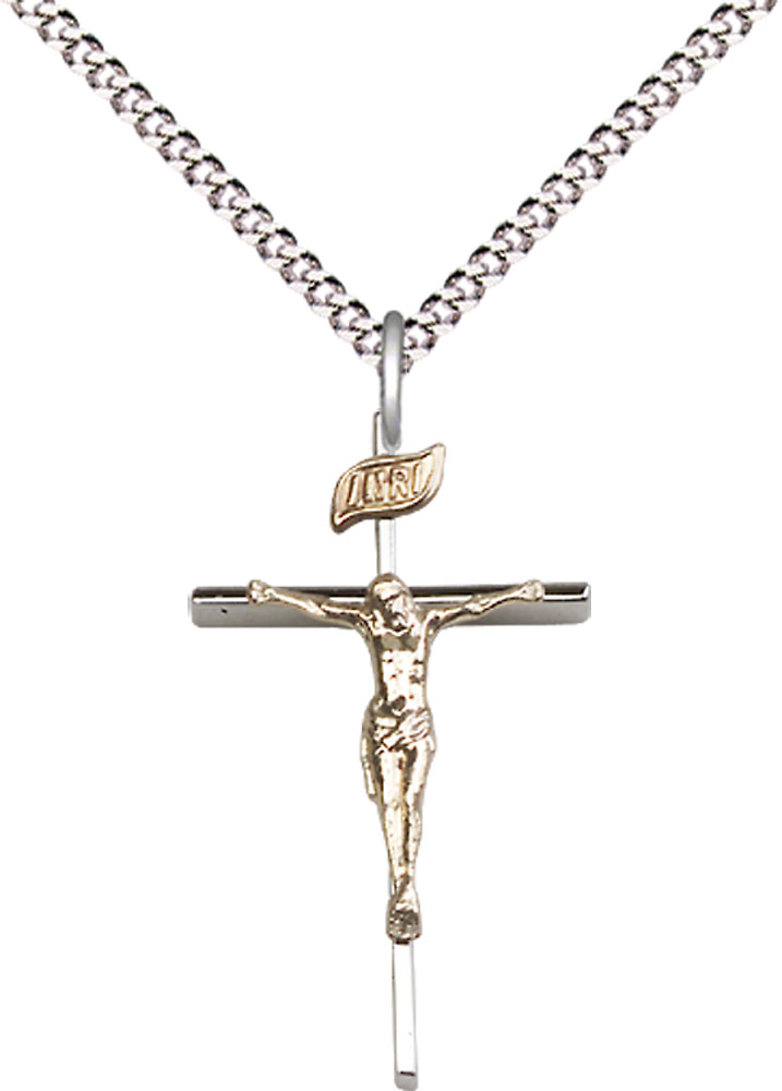 Two-Tone GF/SS Crucifix Pendant on a 18 inch Light Rhodium Light Curb chain
