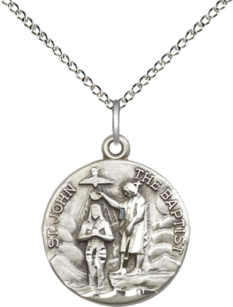 Sterling Silver Saint John the Baptist Pendant on a 18 inch Sterling Silver Light Curb chain