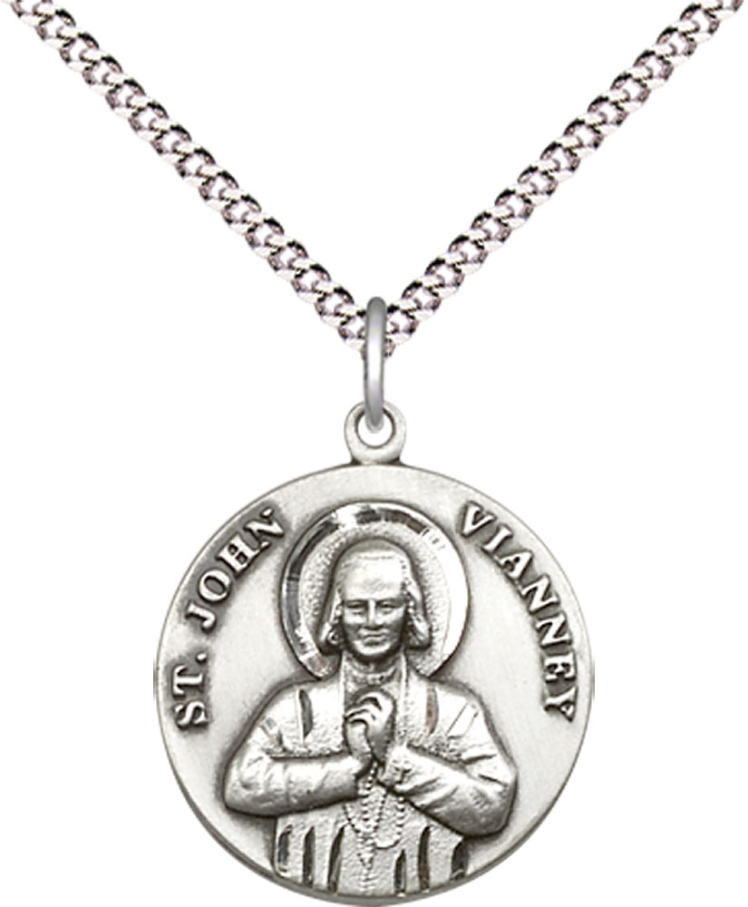 Sterling Silver Saint John Vianney Pendant on a 18 inch Light Rhodium Light Curb chain
