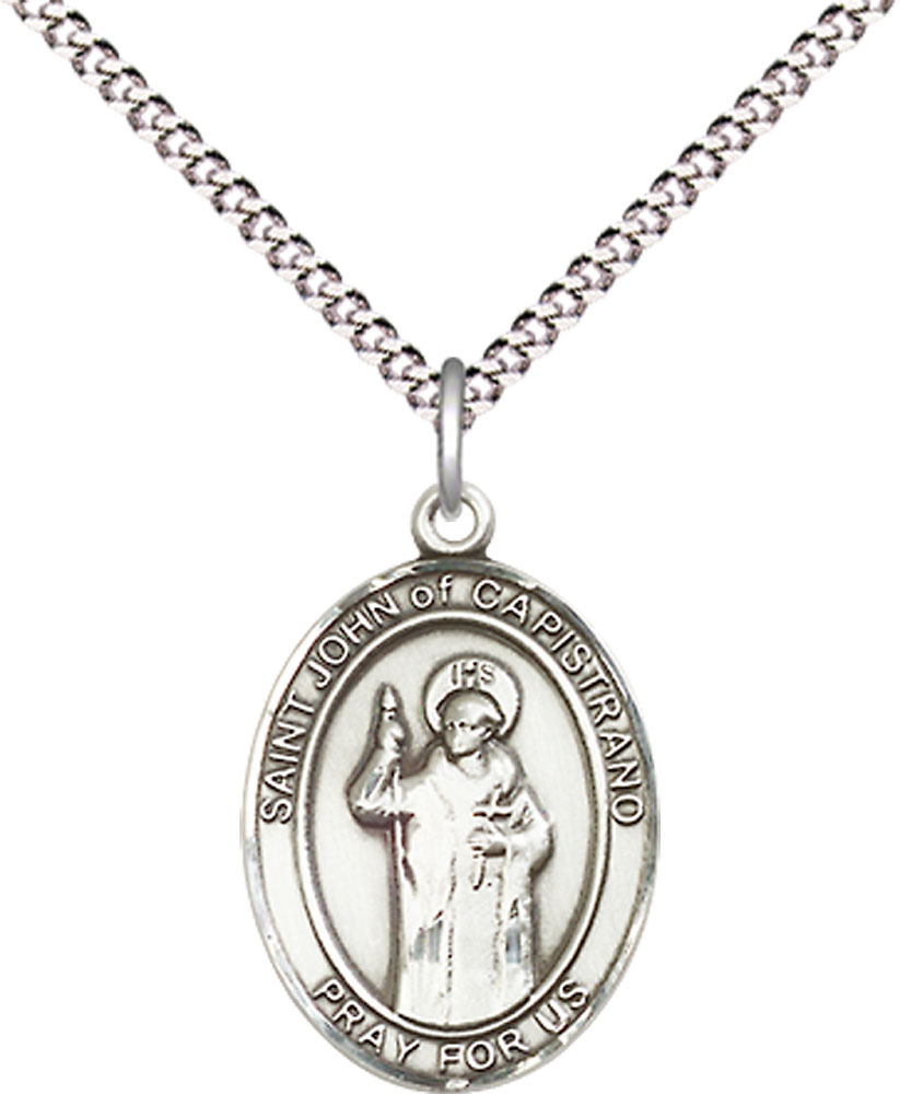 Sterling Silver Saint John of Capistrano Pendant on a 18 inch Light Rhodium Light Curb chain