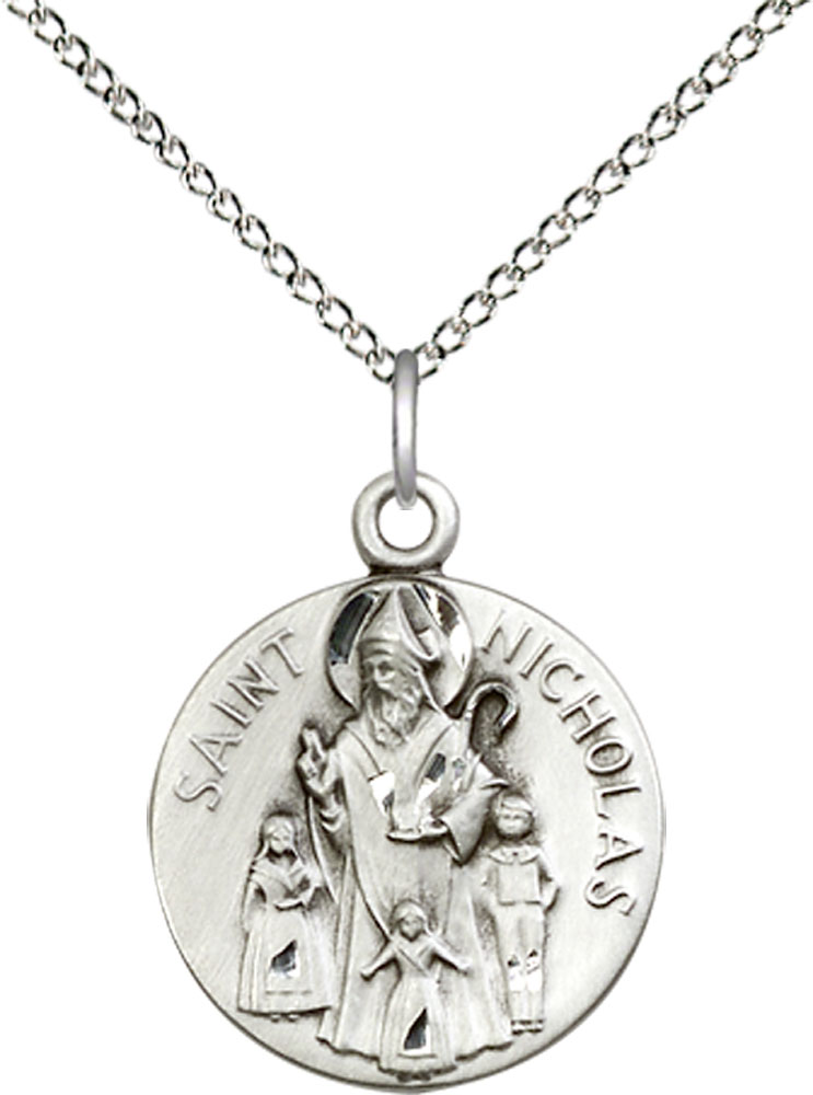 Sterling Silver Saint Nicholas Pendant on a 18 inch Sterling Silver Light Curb chain