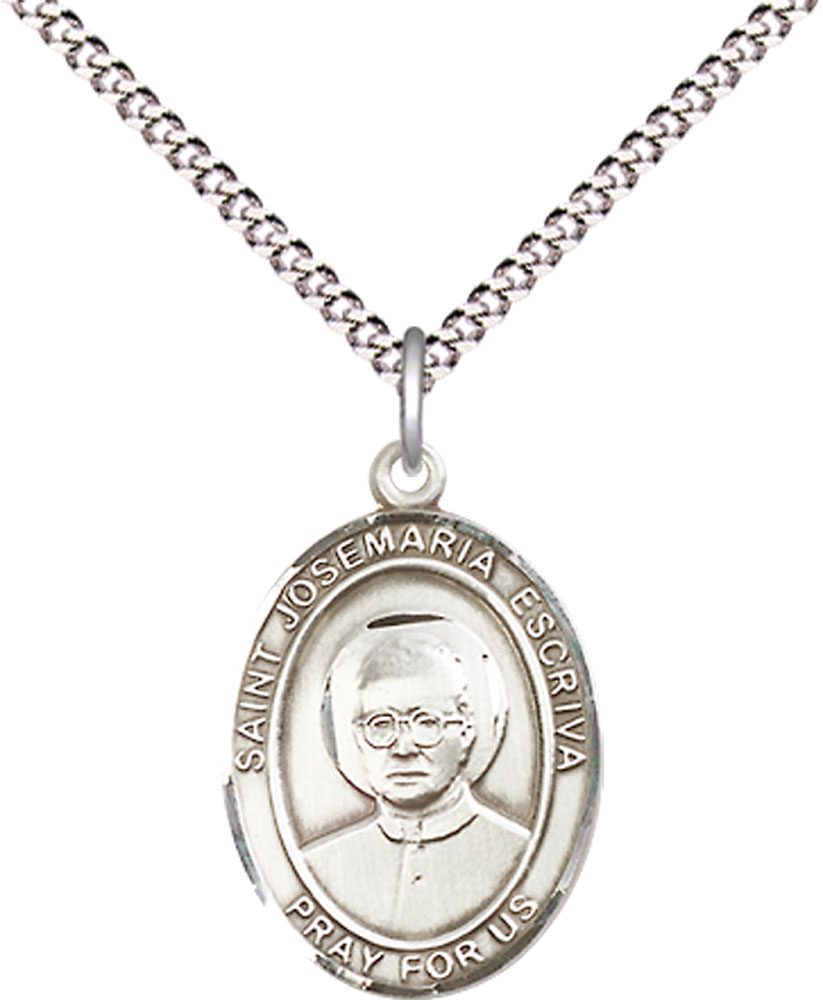 Sterling Silver Saint Josemaria Escriva Pendant on a 18 inch Light Rhodium Light Curb chain