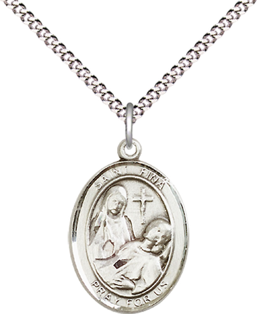 Sterling Silver Saint Fina Pendant on a 18 inch Light Rhodium Light Curb chain