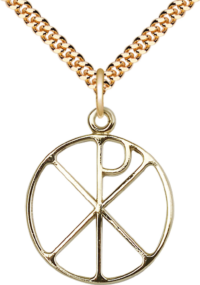 14kt Gold Filled Chi Rho Pendant on a 24 inch Gold Plate Heavy Curb chain