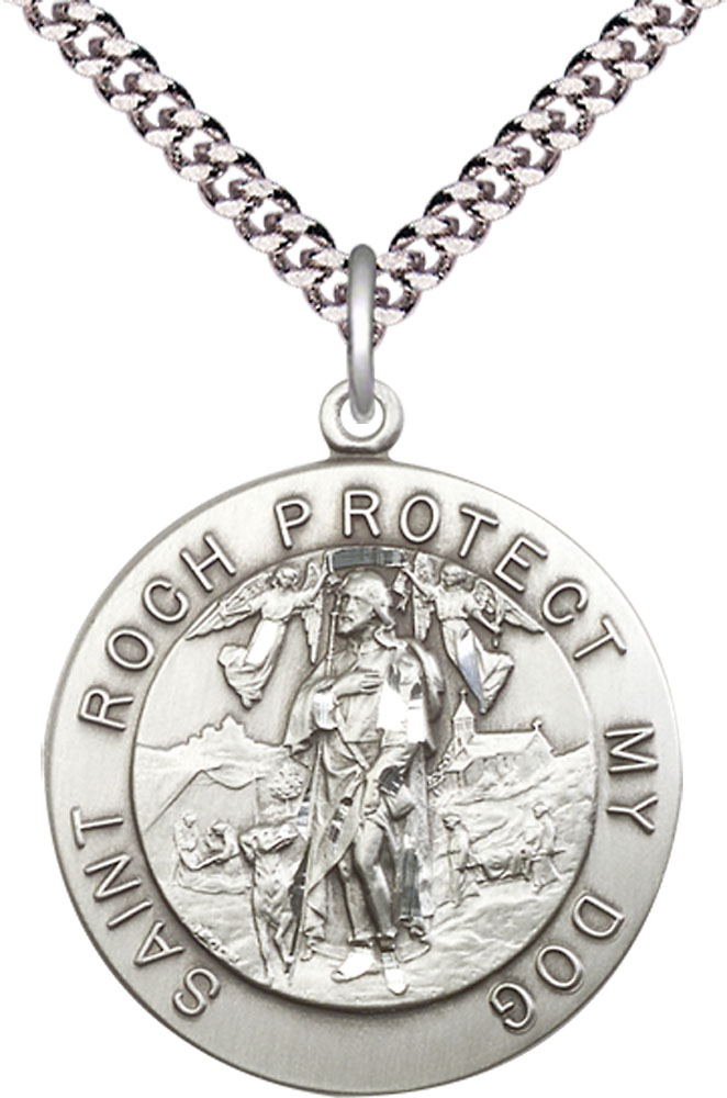 Sterling Silver Saint Roch Pendant on a 24 inch Light Rhodium Heavy Curb chain