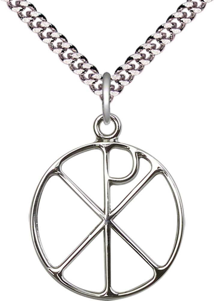 Sterling Silver Chi Rho Pendant on a 24 inch Light Rhodium Heavy Curb chain