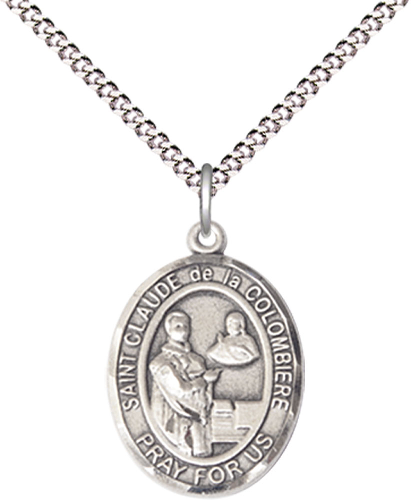 Sterling Silver Saint Claude de la Colombiere Pendant on a 18 inch Light Rhodium Light Curb chain