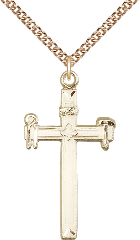 14kt Gold Filled Carpenter Cross Pendant on a 24 inch Gold Filled Heavy Curb chain