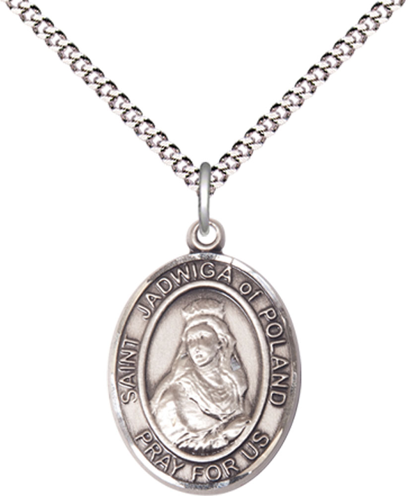 Sterling Silver Saint Jadwiga of Poland Pendant on a 18 inch Light Rhodium Light Curb chain