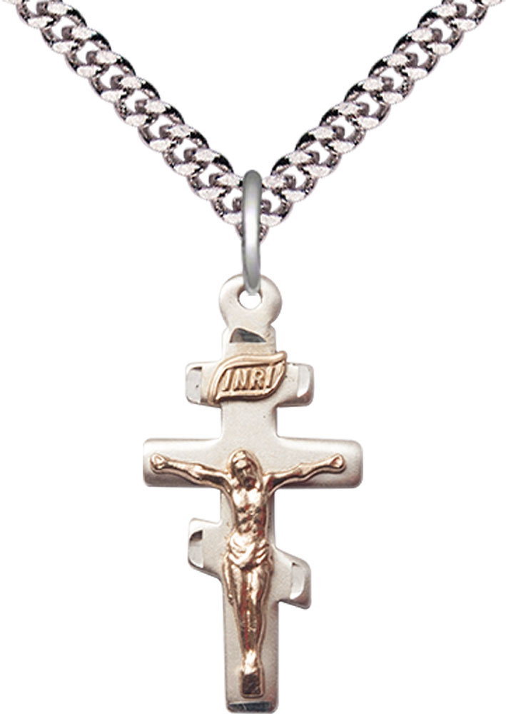 Two-Tone GF/SS Greek Crucifix Pendant on a 24 inch Light Rhodium Heavy Curb chain