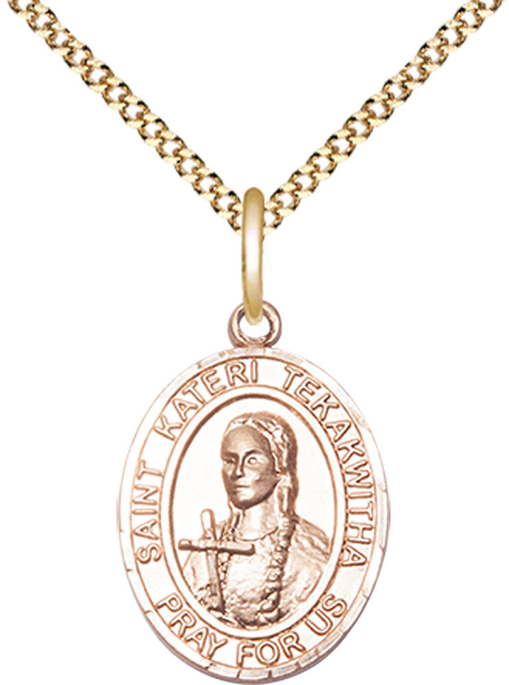 14kt Gold Filled Saint Kateri Tekakwitha Pendant on a 18 inch Gold Plate Light Curb chain
