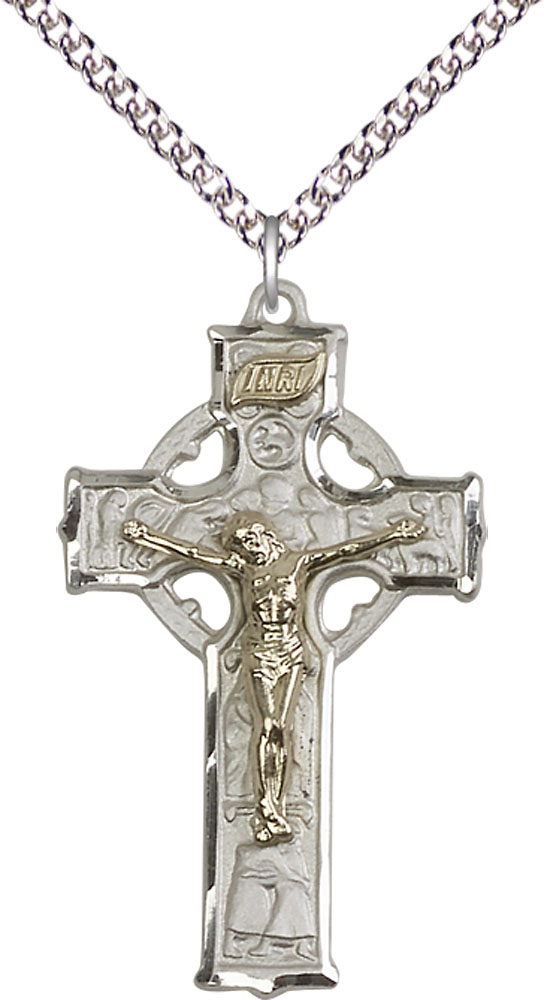 Two-Tone GF/SS Mens Celtic Crucifix Pendant on a 24 inch Sterling Silver Heavy Curb chain