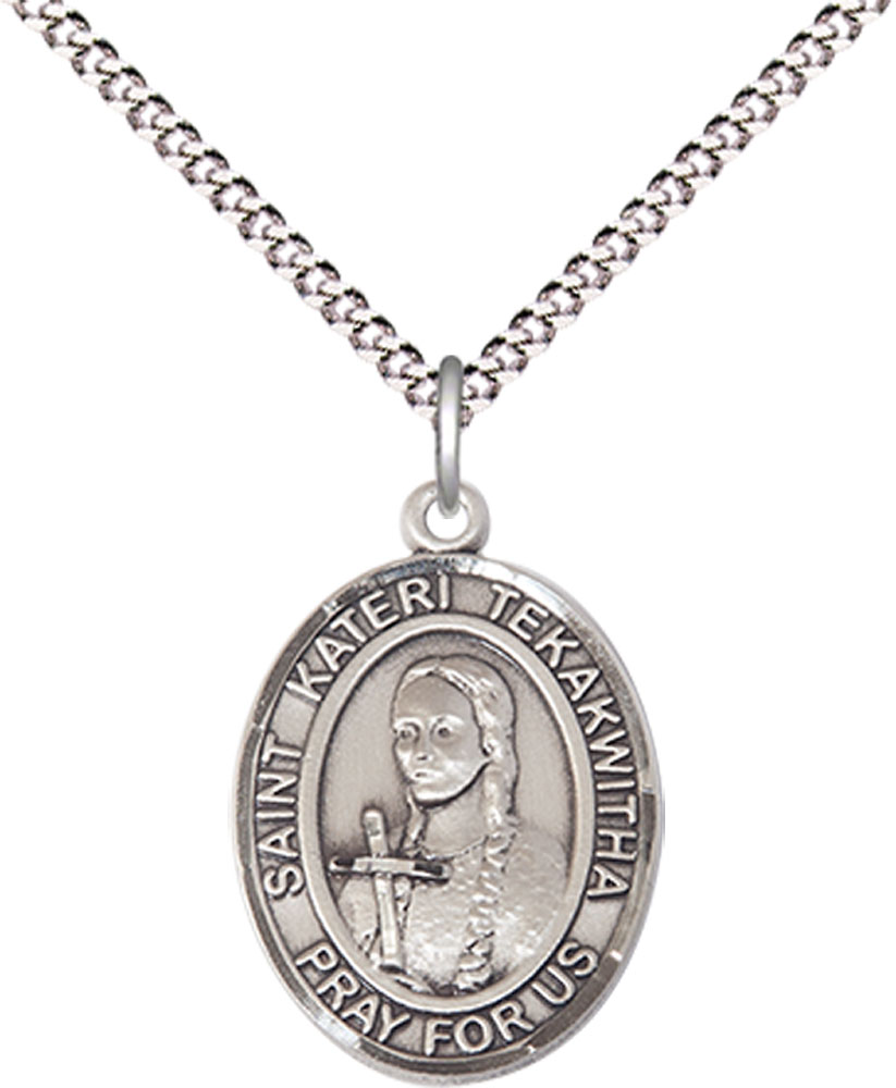 Sterling Silver Saint Kateri Tekakwitha Pendant on a 18 inch Light Rhodium Light Curb chain