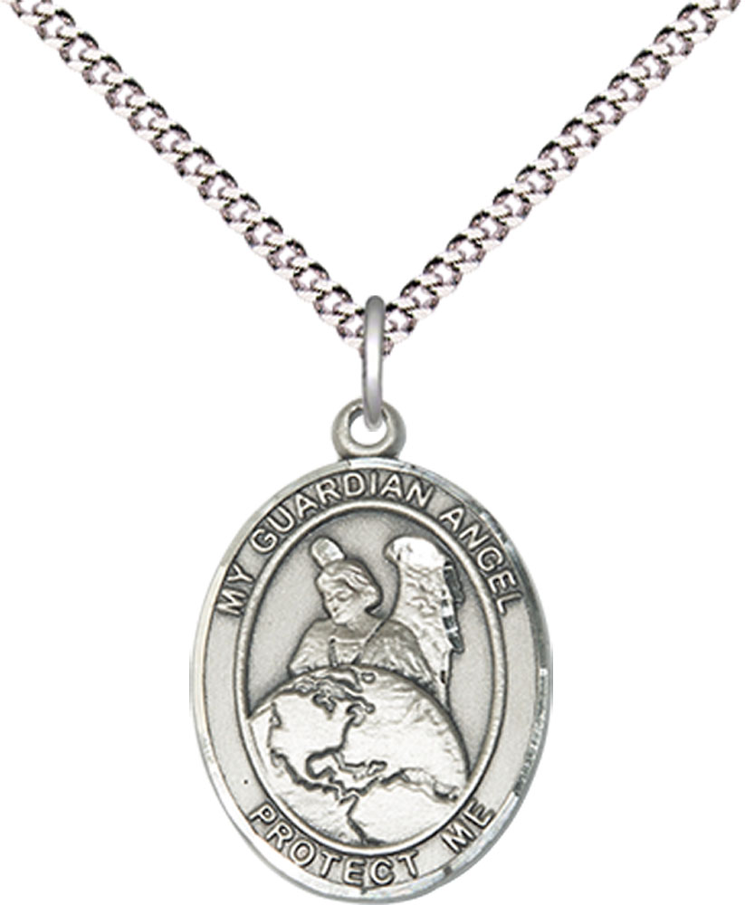 Sterling Silver Guardian Angel Protector Pendant on a 18 inch Light Rhodium Light Curb chain